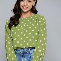 Mast & Harbour Women Green & Off White Polka Dot Print Shirt Style Top-image-80