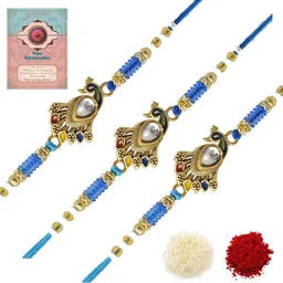 MEIRA JEWELLERY Set Of 3 Designer Kundan Rakhis With Greeting Card & Roli Chawal-7