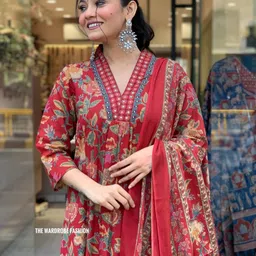 Hujum Floral Printed Mirror Work Pure Cotton Anarkali Kurta With Palazzo And Dupatta-1