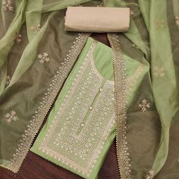 SHADOW & SAINING Floral Embroidered Zari Work Pure Silk Semi-Stitched Dress Material-image-57