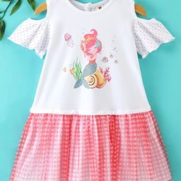 ToffyHouse Cotton Woven Half Sleeves Party Frock Mermaid Print - White & Pink-picture-41