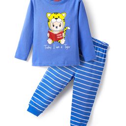 Babyhug Single Jersey Knit Full Sleeves Nightsuit With Animal Print & Stripes - Blue-image-30