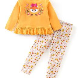 Babyhug Cotton Full Sleeves Top & Lounge Pant Set Fox & Floral Print- Yellow & Oatmeal-image-71