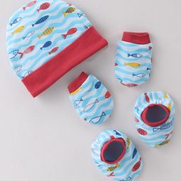 OHMS Interlock Knit Fish Print Cap Mittens & Booties Set Blue- Cap Diameter 15 cm-9