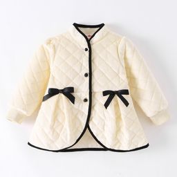 Kookie Kids Full Sleeves High Neck Front Open Quilted Jacket with Bow Applique - Beige-image-123
