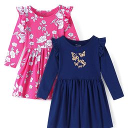 Honeyhap Premium 100% Cotton Knit Full Sleeves Frill Detailed Frocks With Floral & Butterfly Print Pack Of 2 - Pink & Navy-image-82