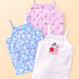 Babyhug 100% Cotton Knit Singlet Sleeves Slips Floral & Fruits Print Pack of 3 - White Pink & Blue-image-25