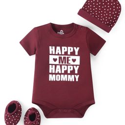 Doodle Poodle Cotton Knit Half Sleeves Text Printed Onesie With Cap & Booties - Wine-picture-4