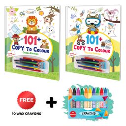 101+ Copy to Colour - Green and Yellow Edition with 10 wax crayons : Coloring Fun for Kids, Children Learning Coloring Book, Educational Coloring Fun | Combo of 2 Copy to Colour Books - English-0