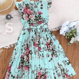 Bolly Lounge Cap Sleeves Floral Printed Dress With Belt - Sky Blue-image-4