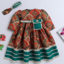 TINY MINY MEE Silk Half Sleeves Floral Printed Lace Embellished Dress With Headband & Pouch Attached Belt - Multi Colour-image-53