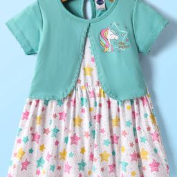 Teddy Sinker Knit Half Sleeves Unicorn & Stars Printed Frock with Attached Shrug - Sea Green & White-image-19
