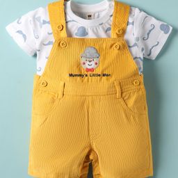 ToffyHouse Corduroy Woven Half Sleeves T-Shirt & Dungaree With Animal Embroidery & Moustache Print - Yellow & White-picture-3