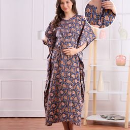 Bella Mama Cotton Woven Half Sleeves Maternity Kaftan Nighty with Floral Print - Blue-picture-8