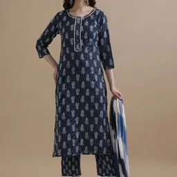 Jaipur Kurti Floral Printed Kantha Work Pure Cotton Kurta with Trouser & Dupatta-picture-10