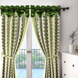 Cortina Off-White & Green Set of 2 Fancy Valance Floral Printed Door Curtains-50