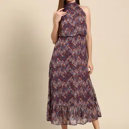 WoowZerz Abstract Print Halter Neck Chiffon Fit & Flare Midi Dress-image-79