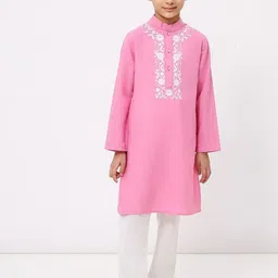 SPUNKIES Boys Floral Yoke Design Mandarin Collar Thread Work Pure Cotton Kurta & Pyjama-10