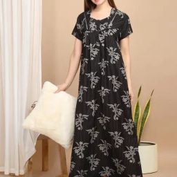 Sweet Dreams Grey Cotton Floral Short sleeve Night Dress-image-16