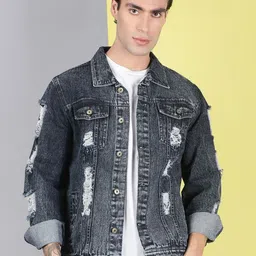 VOXATI Washed Printed Spread Collar Denim Jacket-14