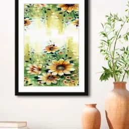 999Store Green & Yellow MDF Flowers Printed Paper Wall Painting - Set of 1-18