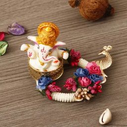 eCraftIndia Lord Ganesha Idol on Blue & Pink Floral Pearl Base with Peacock Handcrafted Singhasan for Home/Temple/Office/Car Dashboard-image-98