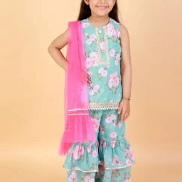 Lil Drama Kids Blue & Pink Cotton Floral Print Kurta Set-image-78