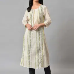 W Beige Printed A Line Kurta-image-39