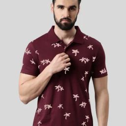 Kryptic Wine Regular Fit Printed Cotton Polo T-Shirt-0