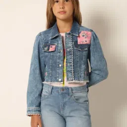 VERO MODA GIRL Blue Cotton Embroidered Full Sleeves Jacket-image-67