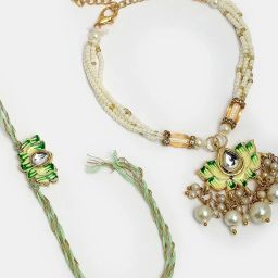 NVR Green Lotus-Shaped Kundan & Beaded Handcrafted Wraparound Rakhi Set with Roli Chawal - Set of 2 image 5