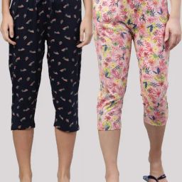 Kryptic Navy & Pink Cotton Floral Print Mid Rise Capris (Pack Of 2)-image-92