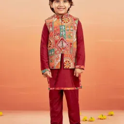 VASTRAMAY Boys Maroon Jacket with Kurta and Pyjama Set-image-11