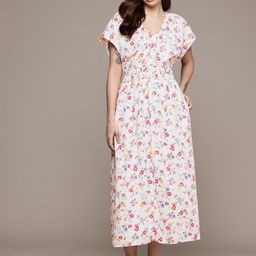 GAP Floral Printed V-Neck Extended Sleeves Smocked A-Line Midi Dress-image-34