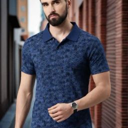 Kryptic Blue Regular Fit Printed Cotton Polo T-Shirt-image-47