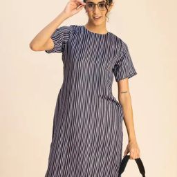 Moomaya Black & White Striped A Line Dress-image-94