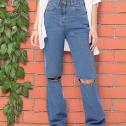 DressBerry Women Urban Utopia Pure Cotton Straight Fit Slash Knee Jeans-image-32
