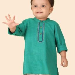 Fabindia Boys Teal Embroidery Full Sleeves Short Kurta-image-85