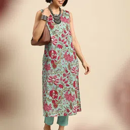 Anouk Women Turquoise Blue Floral Printed Pure Cotton Kurta with Trousers-picture-51
