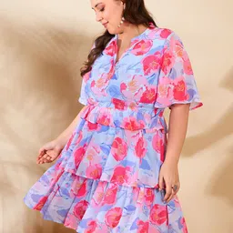 SASSAFRAS Curve Women Floral Printed Flared Sleeve Layered Fit & Flare Dress-image-97
