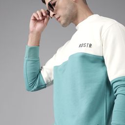 Roadster Men White & Sea Green Colourblocked Sweatshirt-image-95