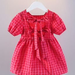 YK Checked Puff Sleeve Fit & Flare Dress-image-43
