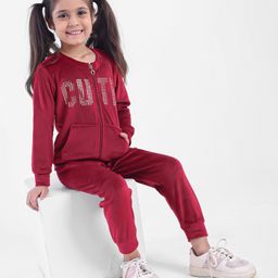 Babyhug Woven Full Sleeves Sweat Jacket and Lounge Pant Text Print- Maroon-image-44