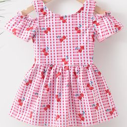 Kookie Kids Cold Shoulder Sleeves Frock Swimsuit Checks & Cherry Print- Pink-image-53