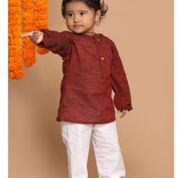 Vastramay Pure Handloom Cotton Full Sleeves Solid Kurta &  Pyjama - Maroon & White-image-75