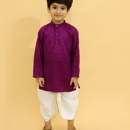 MoMaa Full Sleeves Self Designed Cotton Silk Kurta With Zari Work Detailed Dhoti - Purple-picture-1