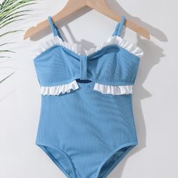 Kookie Kids Sleeveless V Cut Swimsuit With Frill Detailing - Blue-image-4