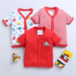 BUMZEE Pack Of 3 Half Sleeves Striped & Vehicles Printed Jhablas - Red & White-image-56