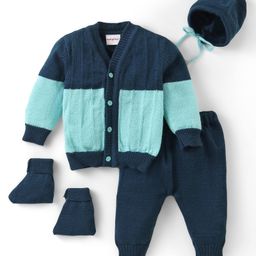Babyhug Knitted Full Sleeves Front Open Sweater & Pant Set with Cap &  Booties Solid Colour  - Navy Blue-16