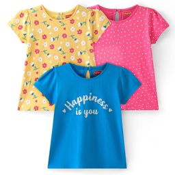 Babyhug Cotton Knit Half Sleeves Tops with Polka Dots & Floral Print Pack of 3 - Pink Blue & Yellow-image-45